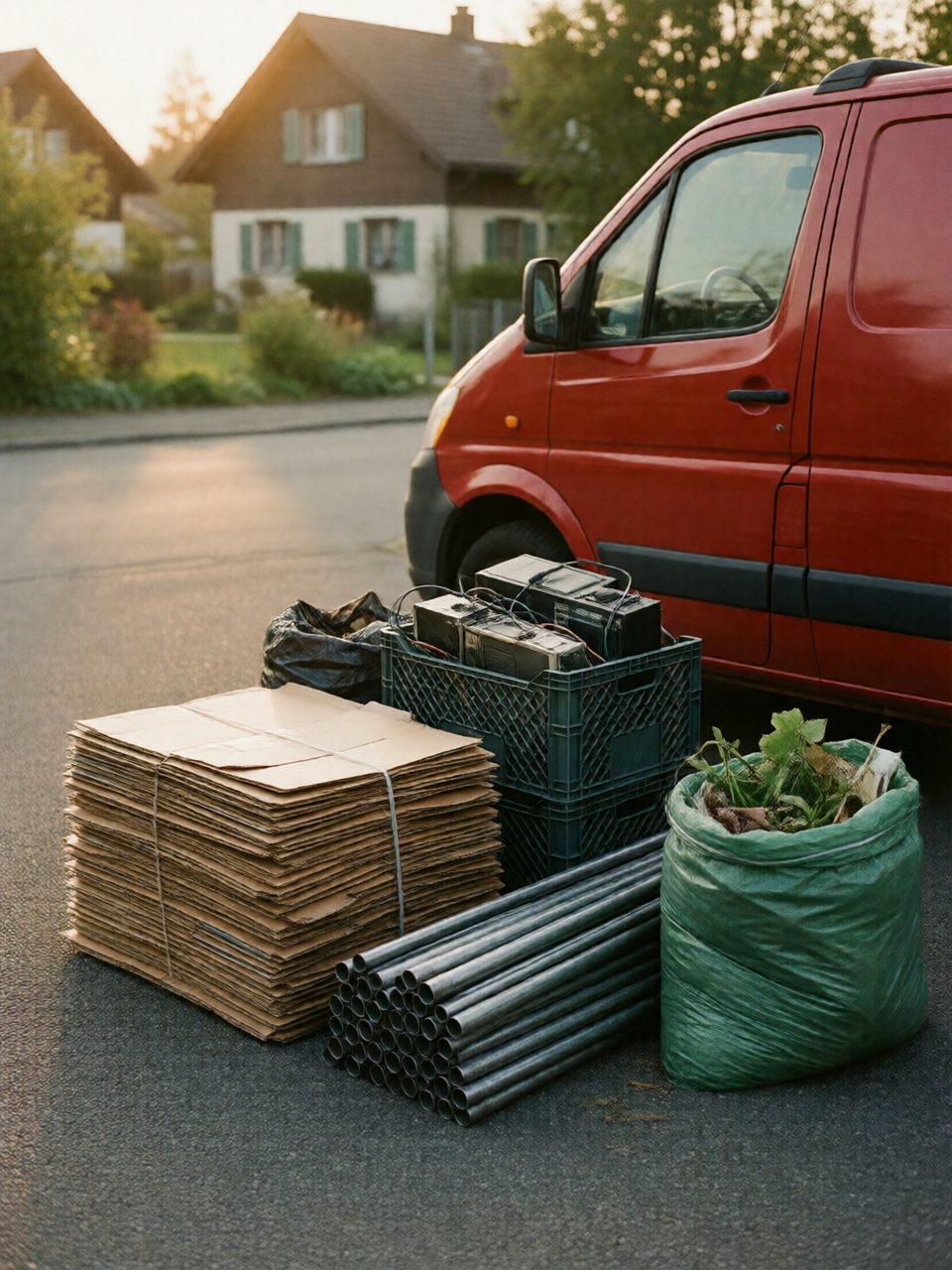 Verwertung und Entsorgung – sortiert statt Sperrgut Entsorgung im Thurgau: sortiertes Material neben einem roten Transporter – Karton, Elektrogeräte, Metall und Gartenabfall