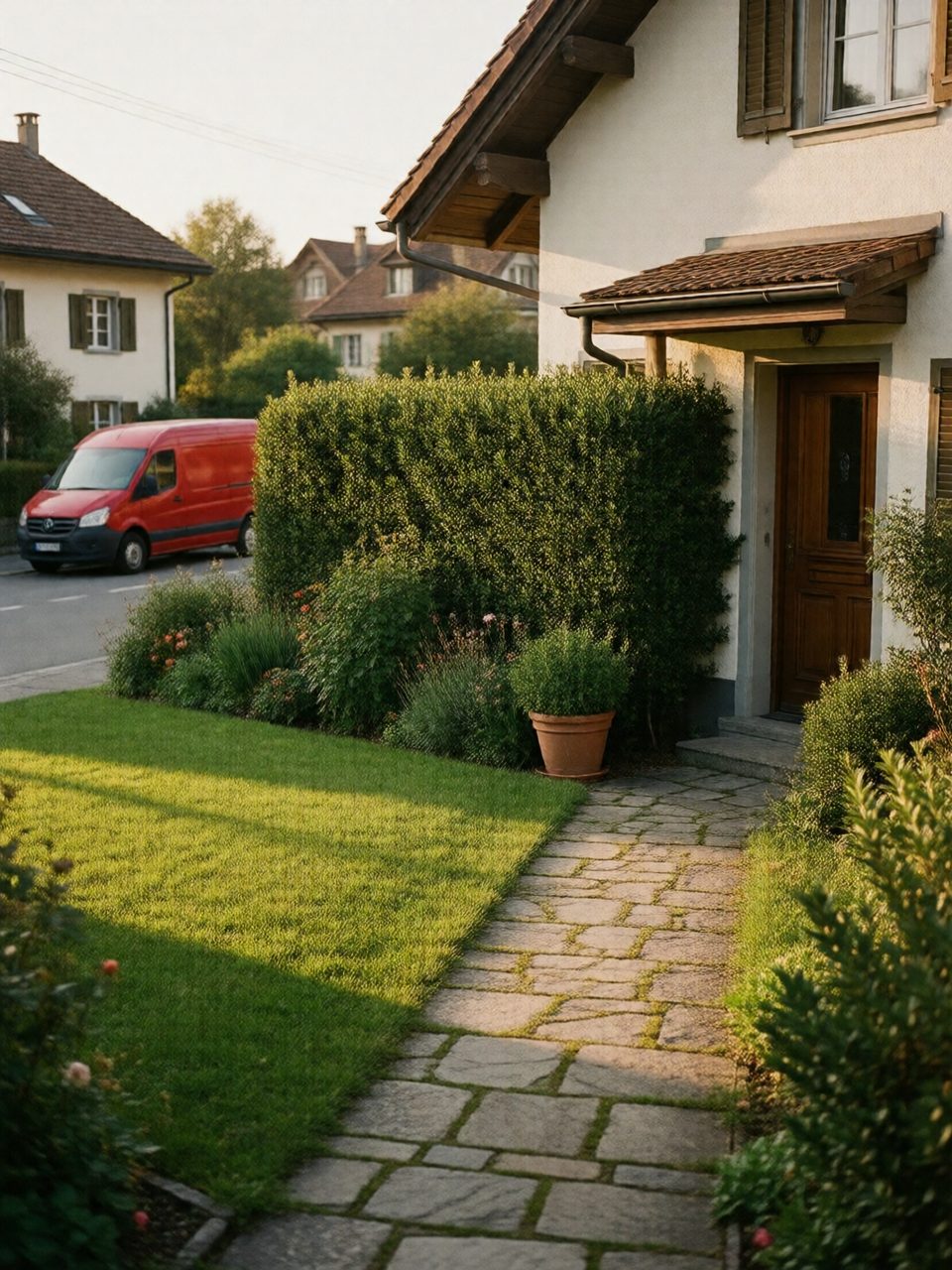 Unterhalt und Gartenarbeit rund ums Objekt Liegenschaftsunterhalt im Thurgau: Vorgarten mit geschnittener Hecke, gemähtem Rasen und gewischtem Weg zur Haustür