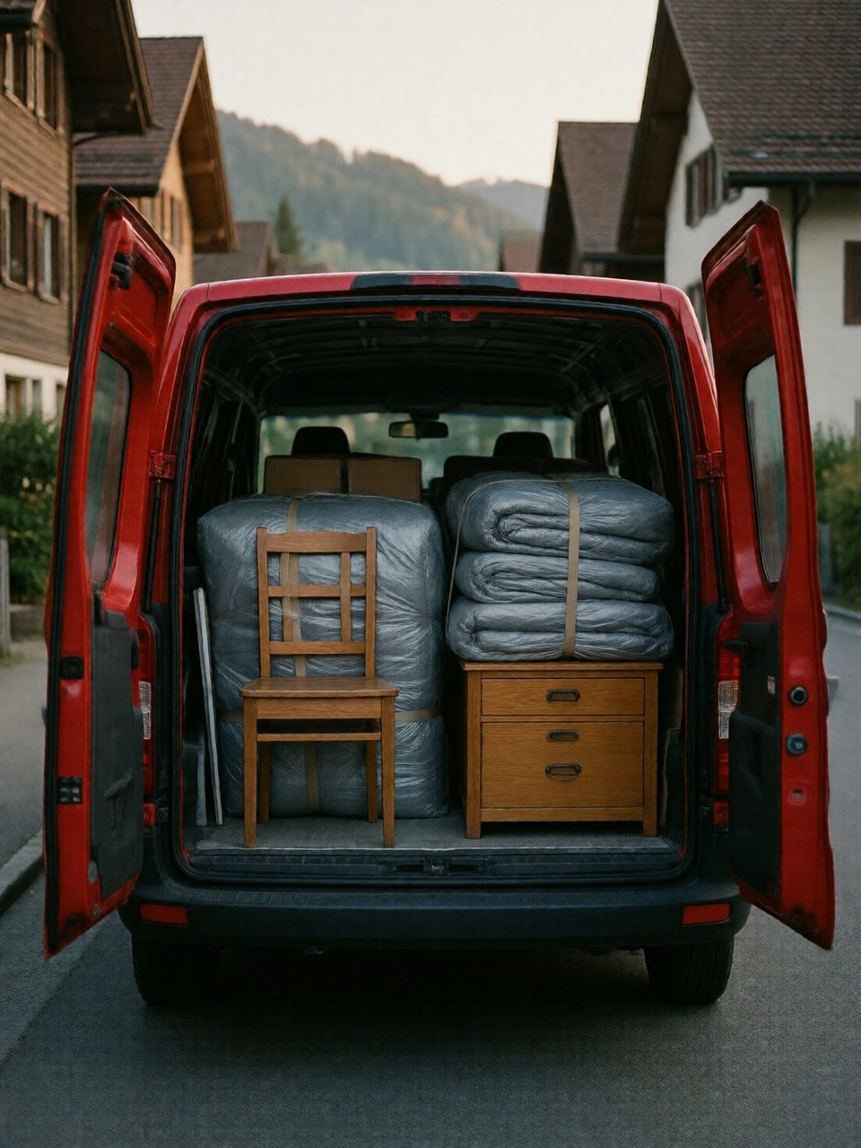 Transport und Zügeln – geschützt an den nächsten Ort Möbeltransport in der Ostschweiz: Blick in den offenen Laderaum eines roten Transporters mit Möbeln in Umzugsdecken und Spanngurten