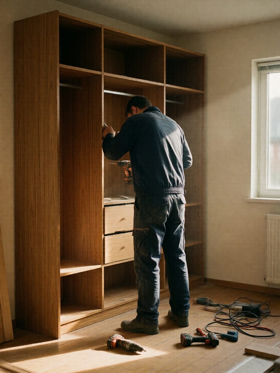 Rückbau und Demontage von Einbauten Rückbau und Demontage: Mitarbeiter baut einen Einbauschrank in einem leeren Raum ab, Werkzeug liegt am Boden